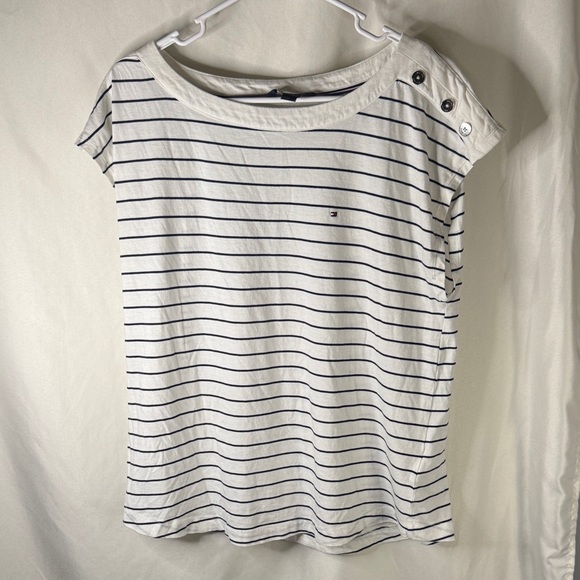 Tommy Hilfiger Navy and White Striped Women's Tee - Picture 1 of 4